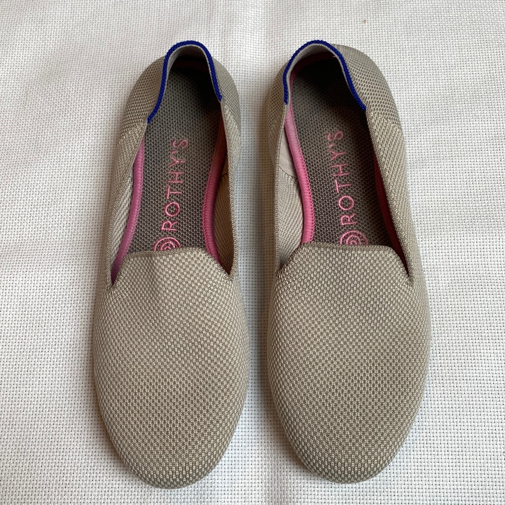 Rothy's Beige Slip-On Flats with Pink Insole and Blue Trim